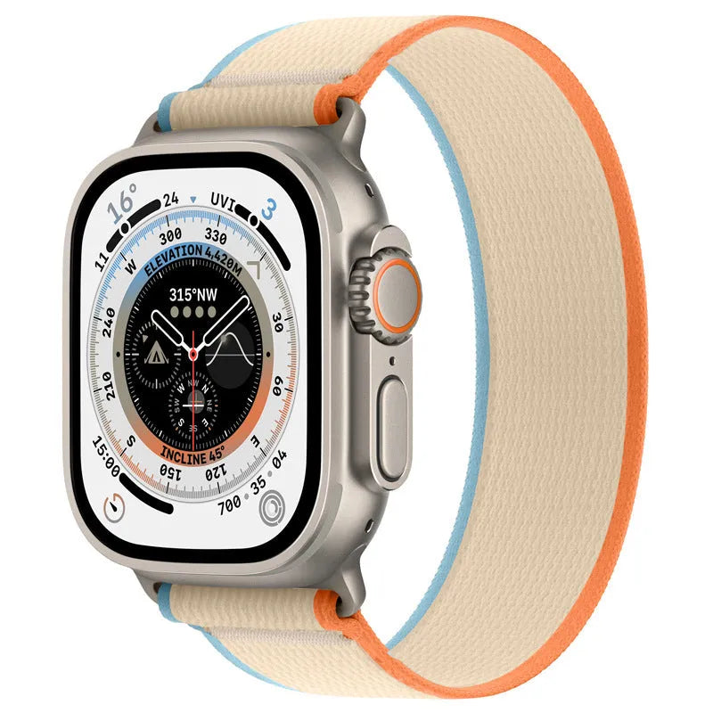 Single ring integrated nylon watch strap for Apple Watch in various colours on a grey background