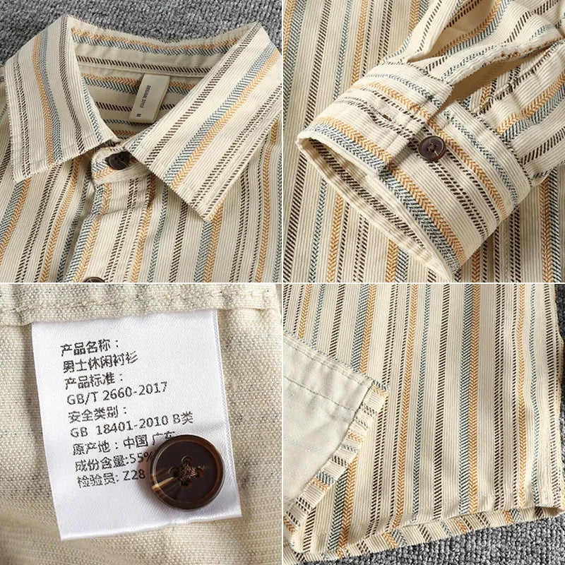 Men's vintage yarn-dyed striped casual shirt in loose fit, cotton blend, Japanese retro style, apricot colour