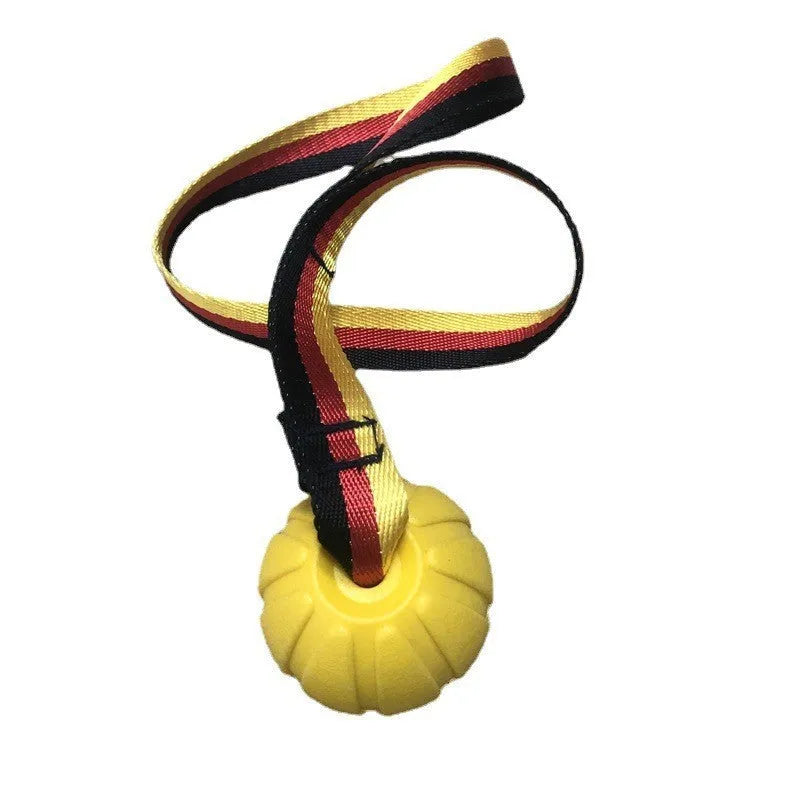 Floating EVA water training ball for dogs in camouflage and yellow colours showing different size options