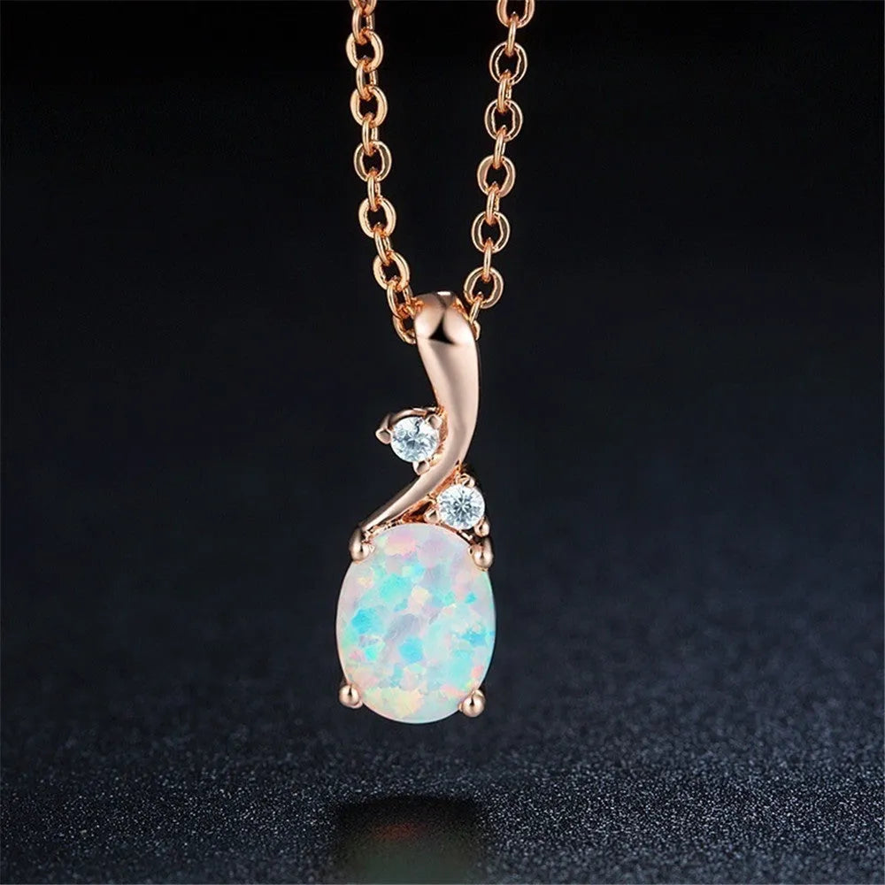Water drop opal pendant necklace on electroplated alloy chain in rose gold colour