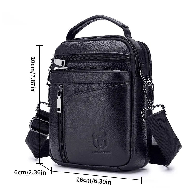 Men's black genuine leather shoulder messenger bag with retro style on a plain background