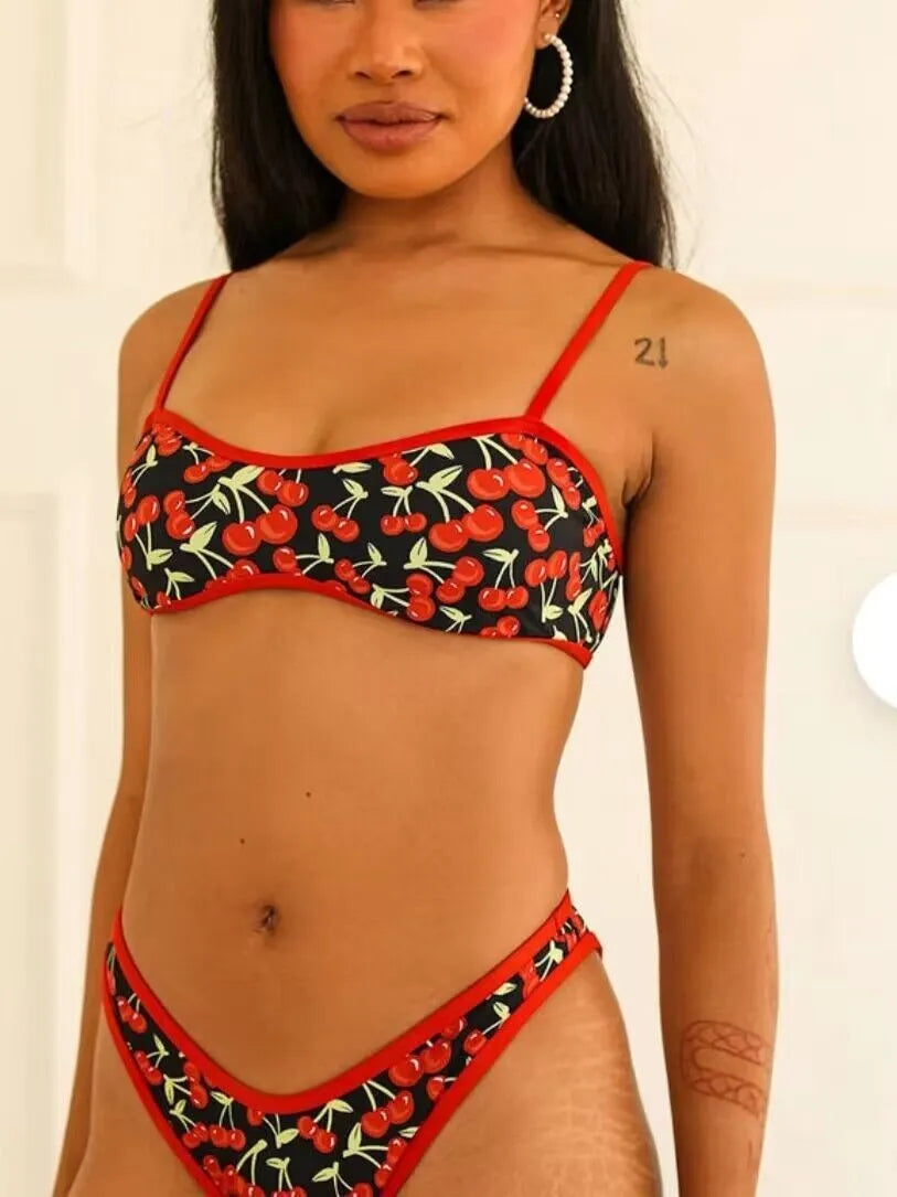 Women's cherry print tube top bikini swimsuit in polyester fiber with floral pattern, available in sizes S to XL