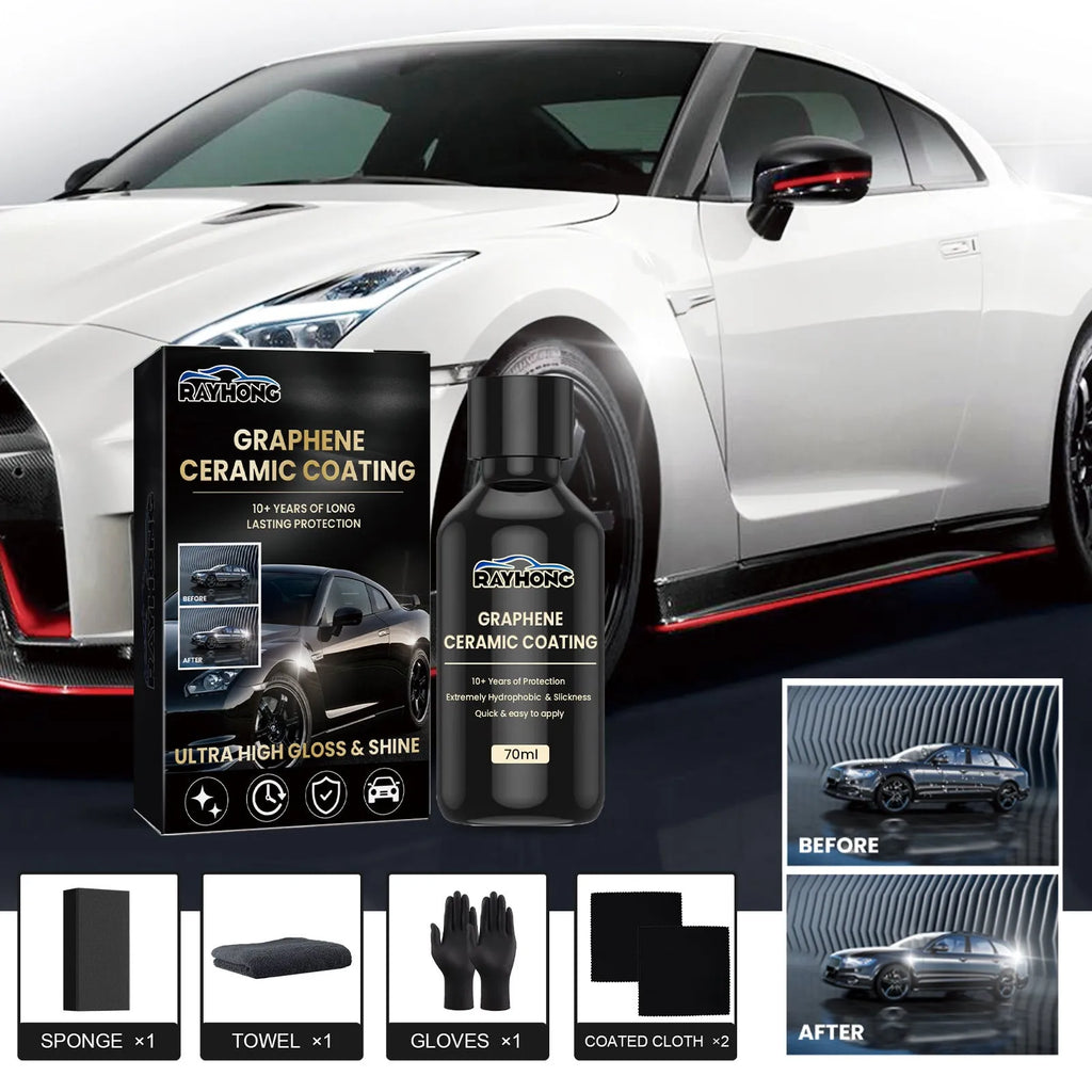 Automotive graphene ceramic coating 70ml kit with sponge, towel, gloves, and two coating cloths for car paint protection