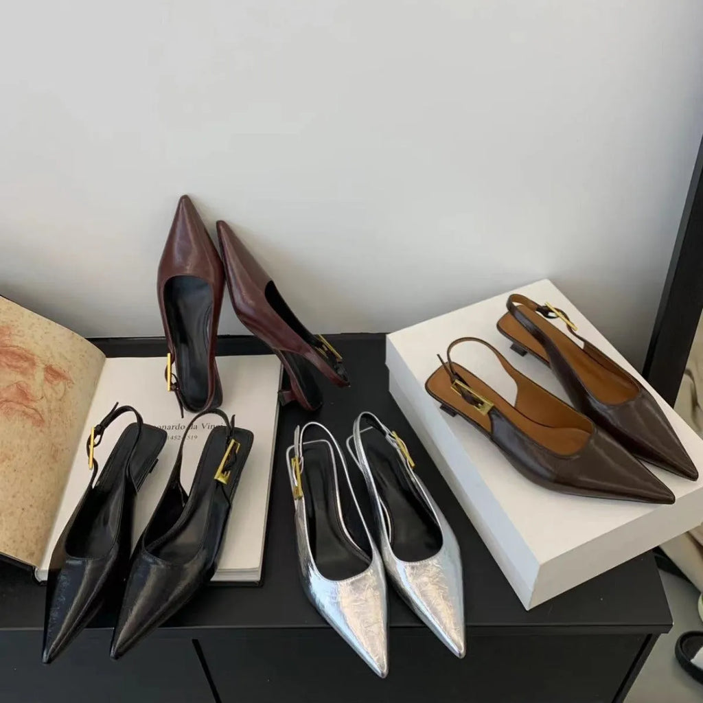 Thin low heel pointed leather shoes in black brown red silver sizes 35 to 39 with rubber sole