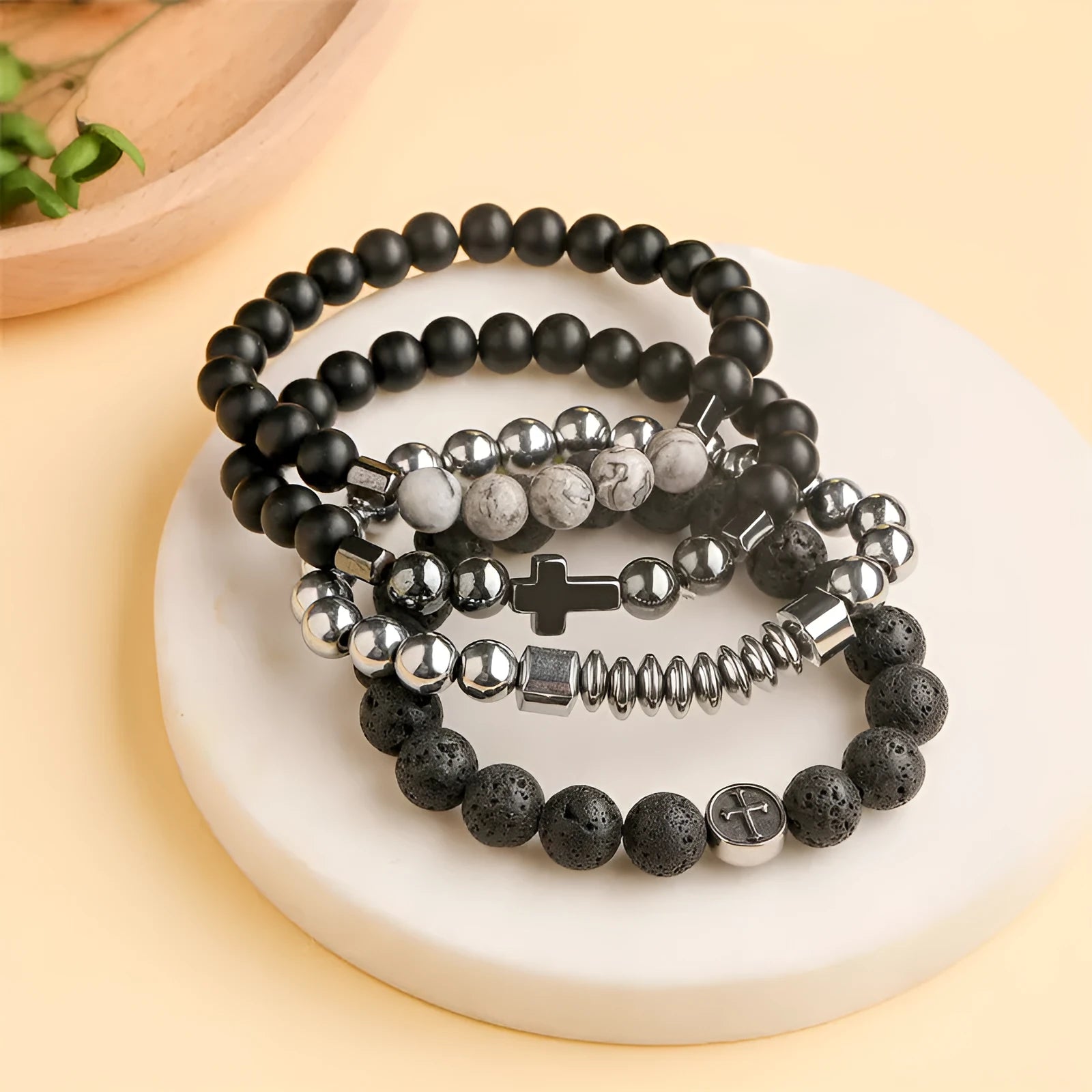 Geometric agate bracelet with volcano-coloured beads and stainless steel finish.