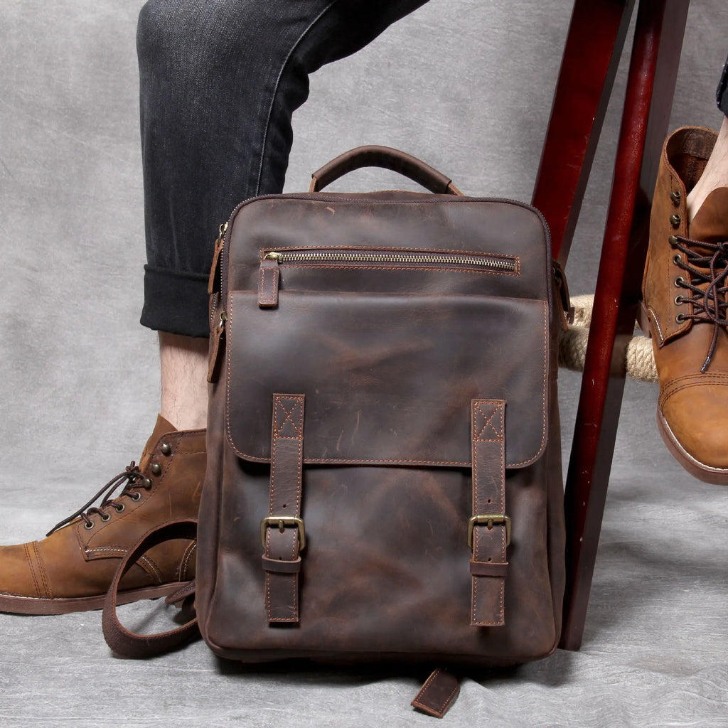 Retro crazy horse leather backpack in dark coffee colour with handmade stitching and front flap