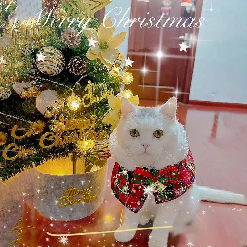 Pet festive scarf in snowflake and bell designs on red and blue backgrounds for dogs and cats