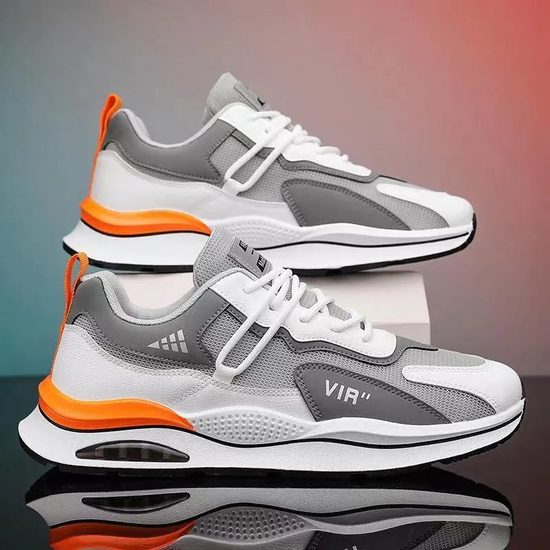 Men's grey mesh running shoes with breathable upper and lightweight EVA sole for jogging