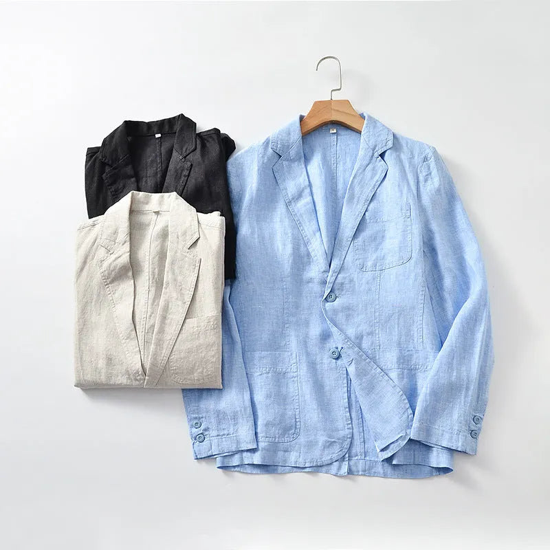 Men's linen solid colour thin suit coat with size stick pocket in white black light blue dark blue linen S-3XL