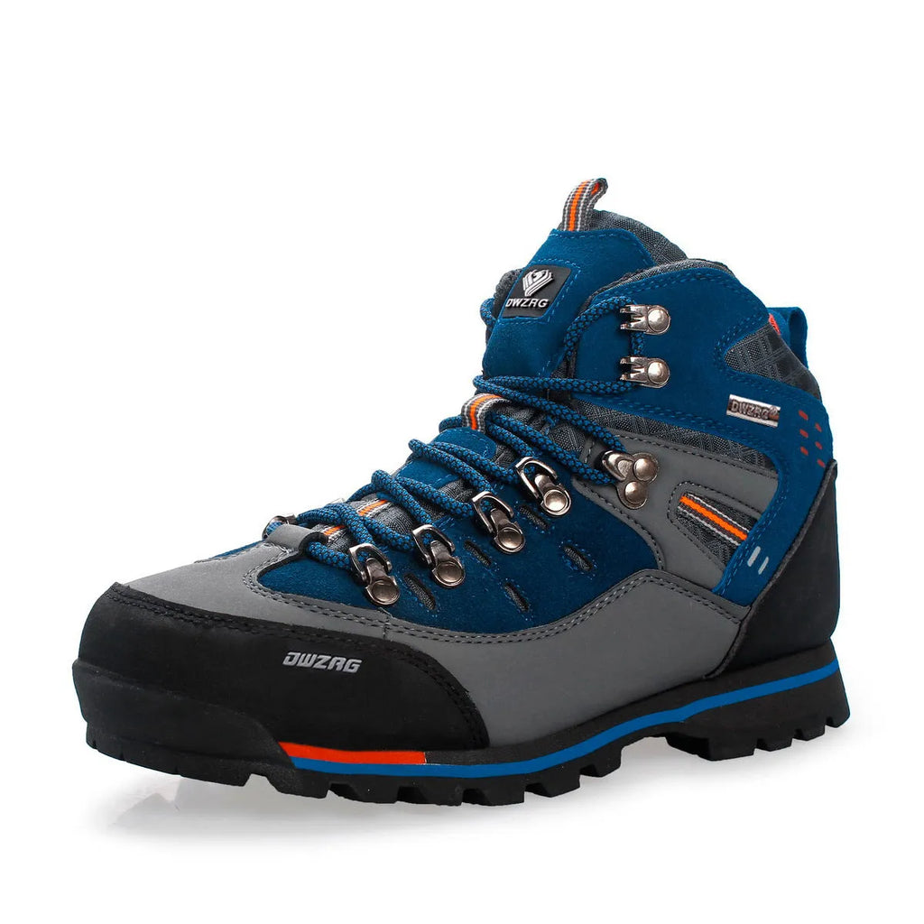 High-top hiking boot with synthetic leather upper and EVA sole, round toe, sewn line detailing, black and yellow colour