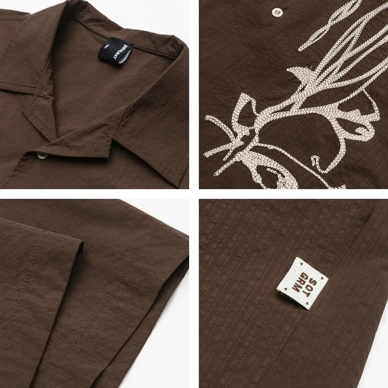 Brown coffee colour striped men's Cuban collar shirt for outdoor camping activities