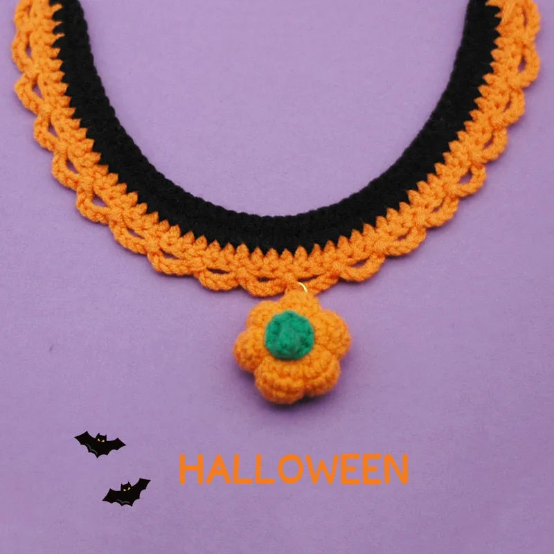 Hand crocheted wool pet collar in Bell Pumpkin style on a cat, adjustable size, Halloween accessory