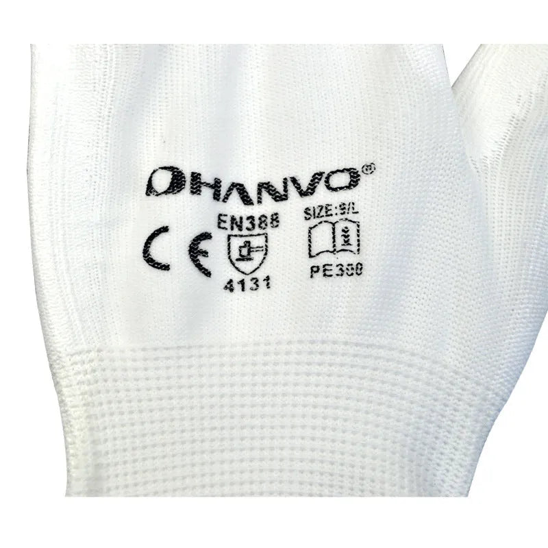 White PU coated labour gloves showing flexible palm and 24cm length, in sizes L and M.