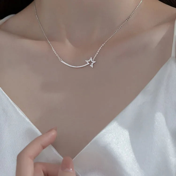 S925 sterling silver star pendant necklace white gold colour O-shaped chain adjustable 41-50cm on woman