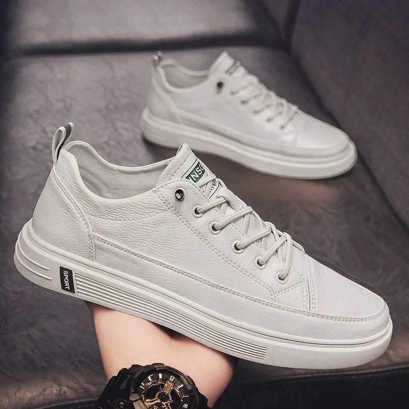 Men's white casual summer shoes with round toe and flat low-heel design