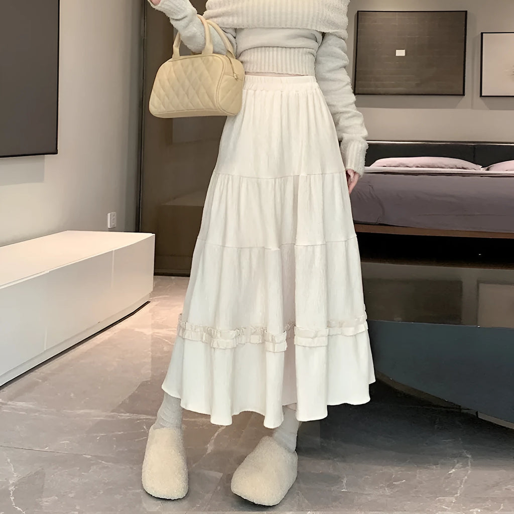 Corduroy A-line midi skirt with elastic waistband in beige, black, or brown solid colour
