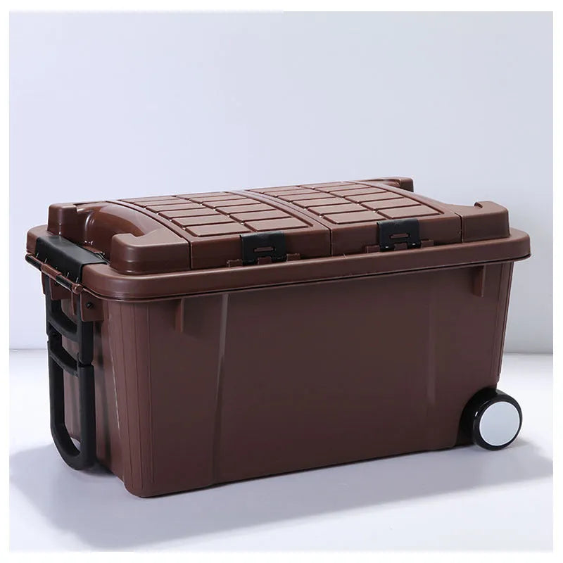 Large high-strength plastic storage box with trolley, 55L capacity, PP material, in upgraded sky blue