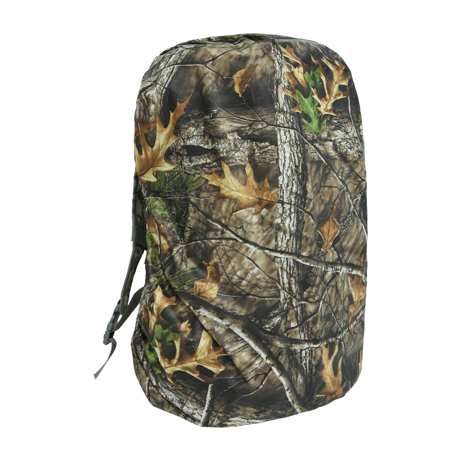 Army green backpack rain cover laid flat, designed to fit over an 80-litre capacity bag.