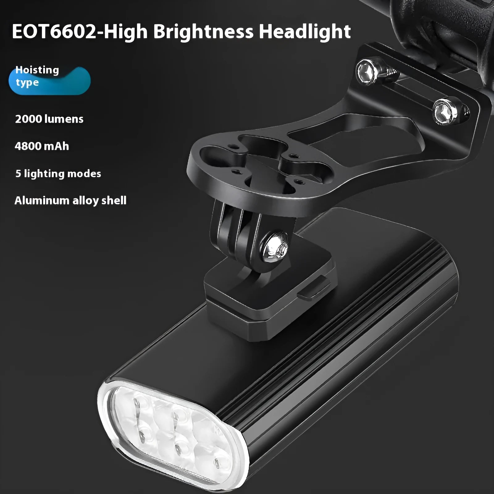 2000LM aluminium alloy bicycle headlight with 6 XPT beads, quick-release base, and USB Type-C port
