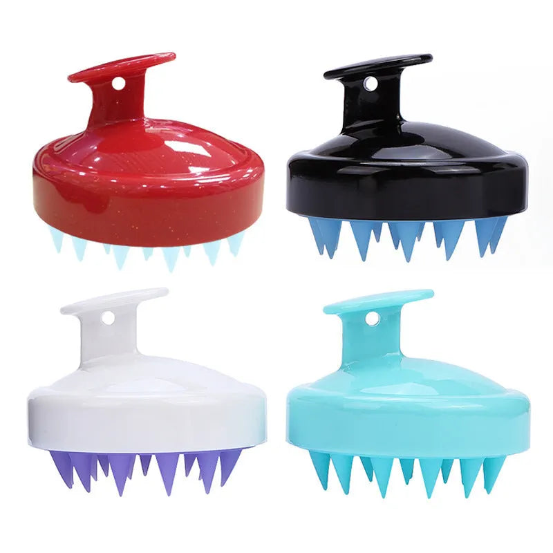Massage shampoo brush with silicone bristles in solid colour, compact size 8x6.7x3 cm