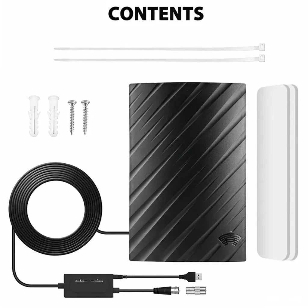 Black digital HD television antenna with mounting screws, expansion tubes, cable ties, and adhesive tape.