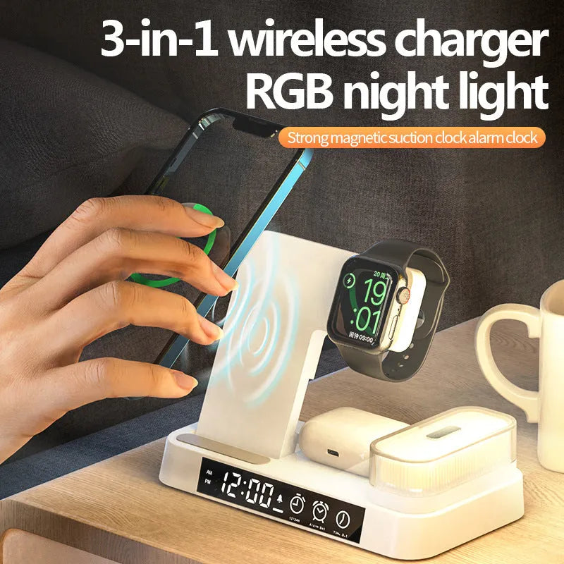 4-in-1 wireless charger station with foldable stand, alarm clock display, and RGB night light in white