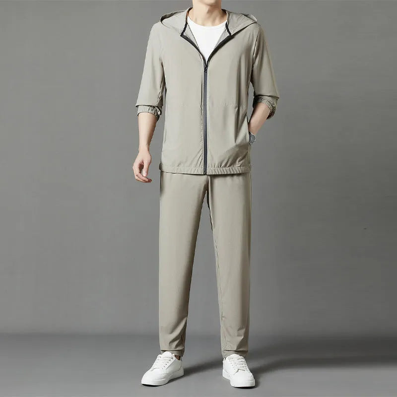 Korean style sun protective clothing suit in gray, loose hooded design with slit pockets