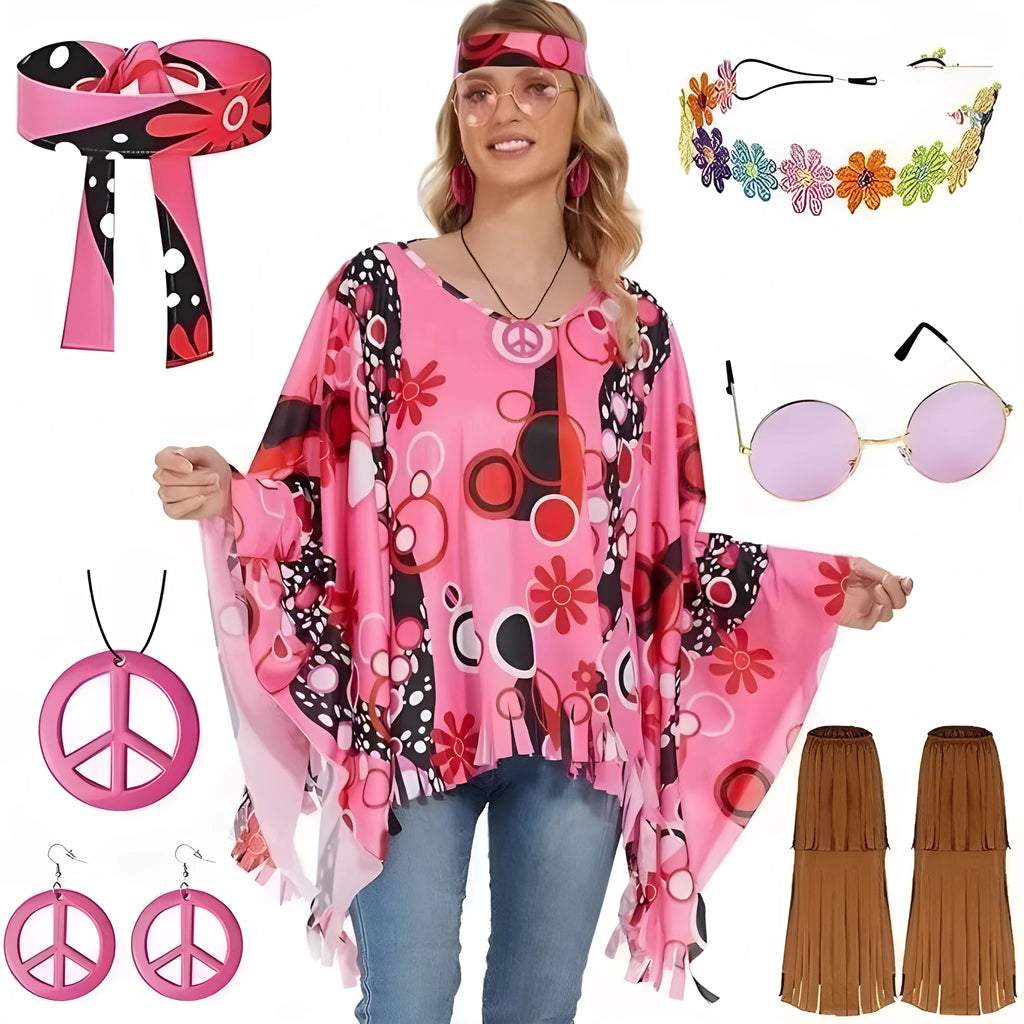 Colourful tie dye cloak costume with bell sleeves on a hanger, showing pink, yellow, and rainbow print details.
