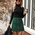 Women's high waist short skirt with front zipper in black, camel, brick red, or dark green.