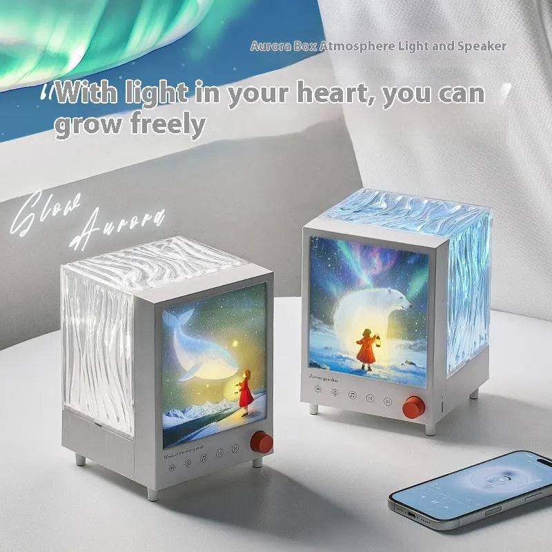 Aurora Treasure Box atmosphere projection lamp with Star Sea Whale light and Bluetooth speaker, showing dimensions.