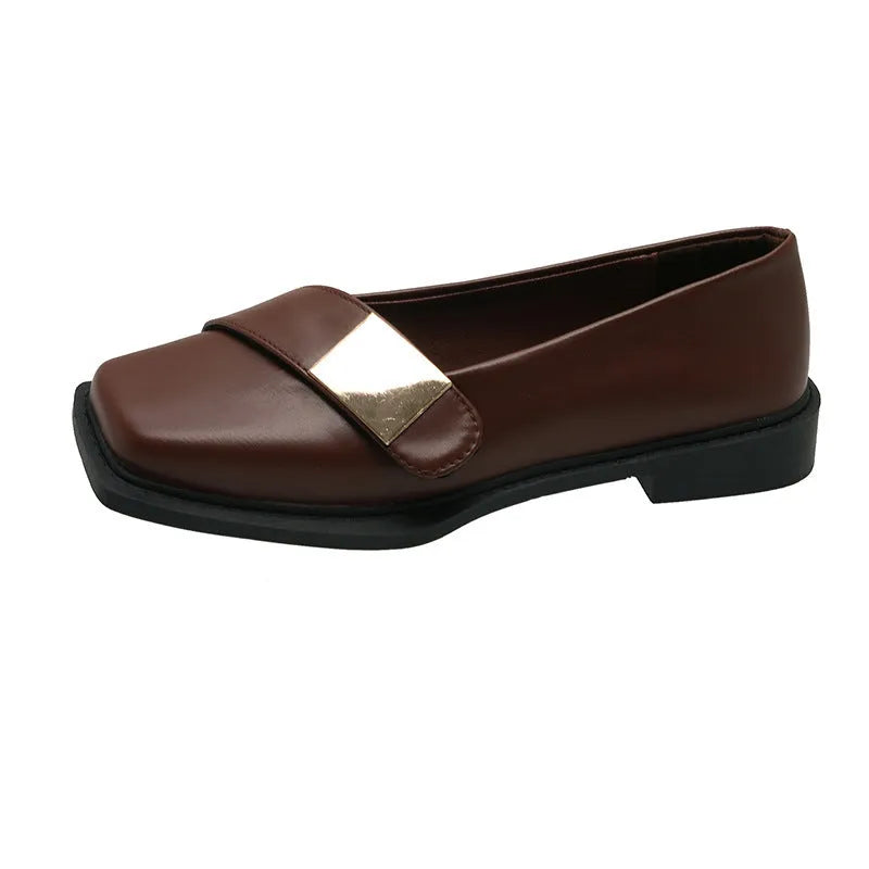 Women's flat-heeled shoes, beige, square toe, metal buckle detail, artificial leather, low heel