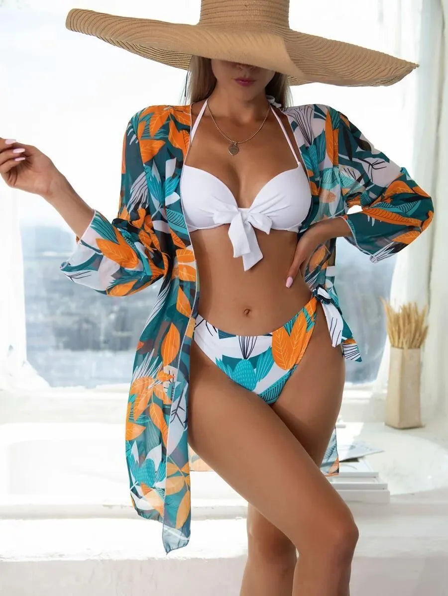 Women's three-piece mesh split bikini swimsuit set with coordinating coat
