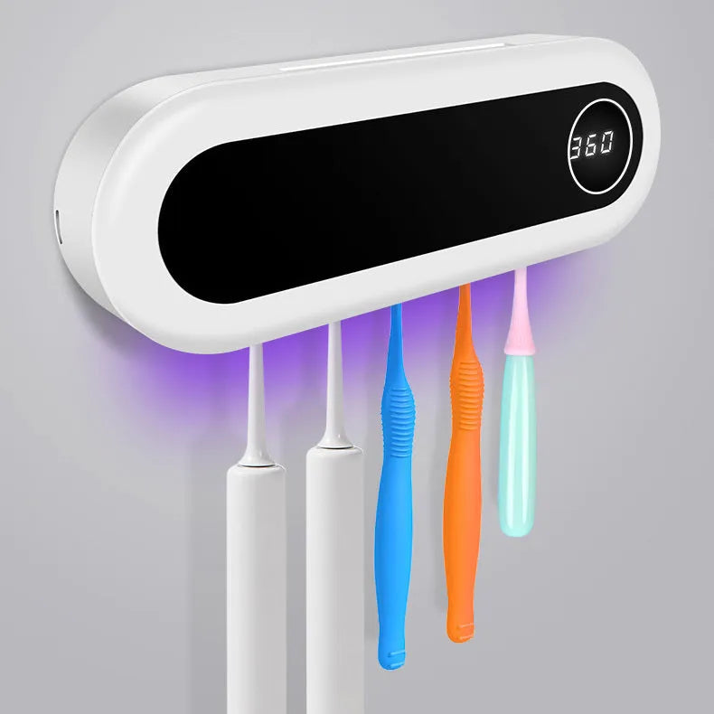 Ivory white wall mounted UV toothbrush sterilizer holder with digital display and 5 toothbrush slots
