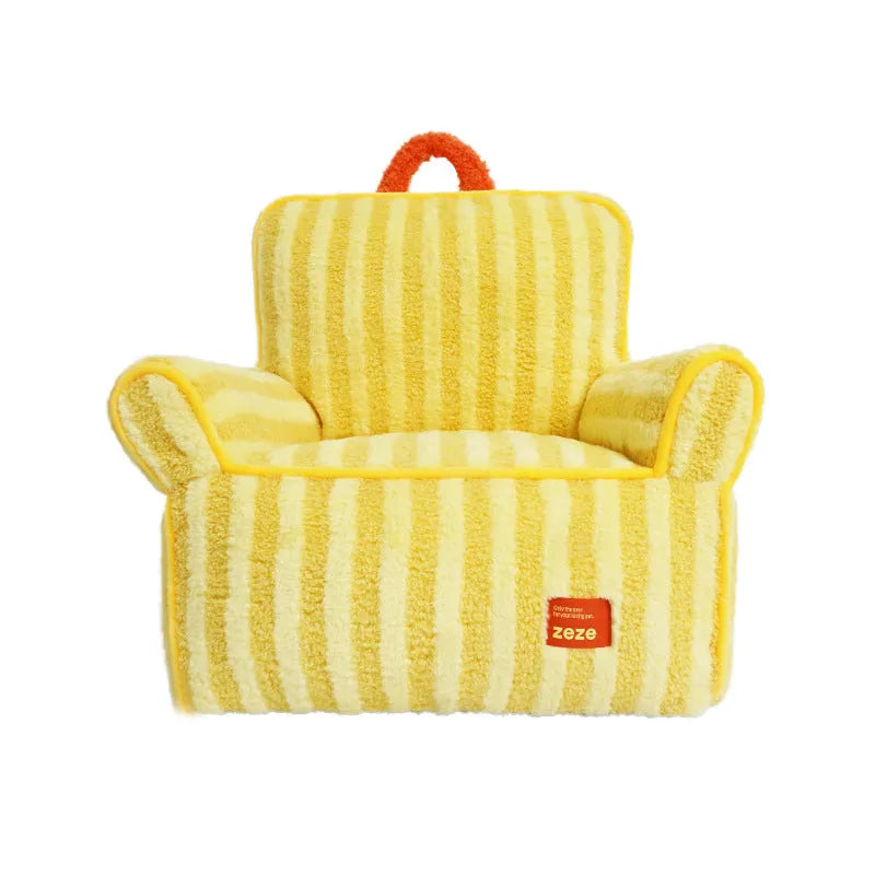 Striped orange soft velvet pet bed with a removable cover, shown as a complete pet house.