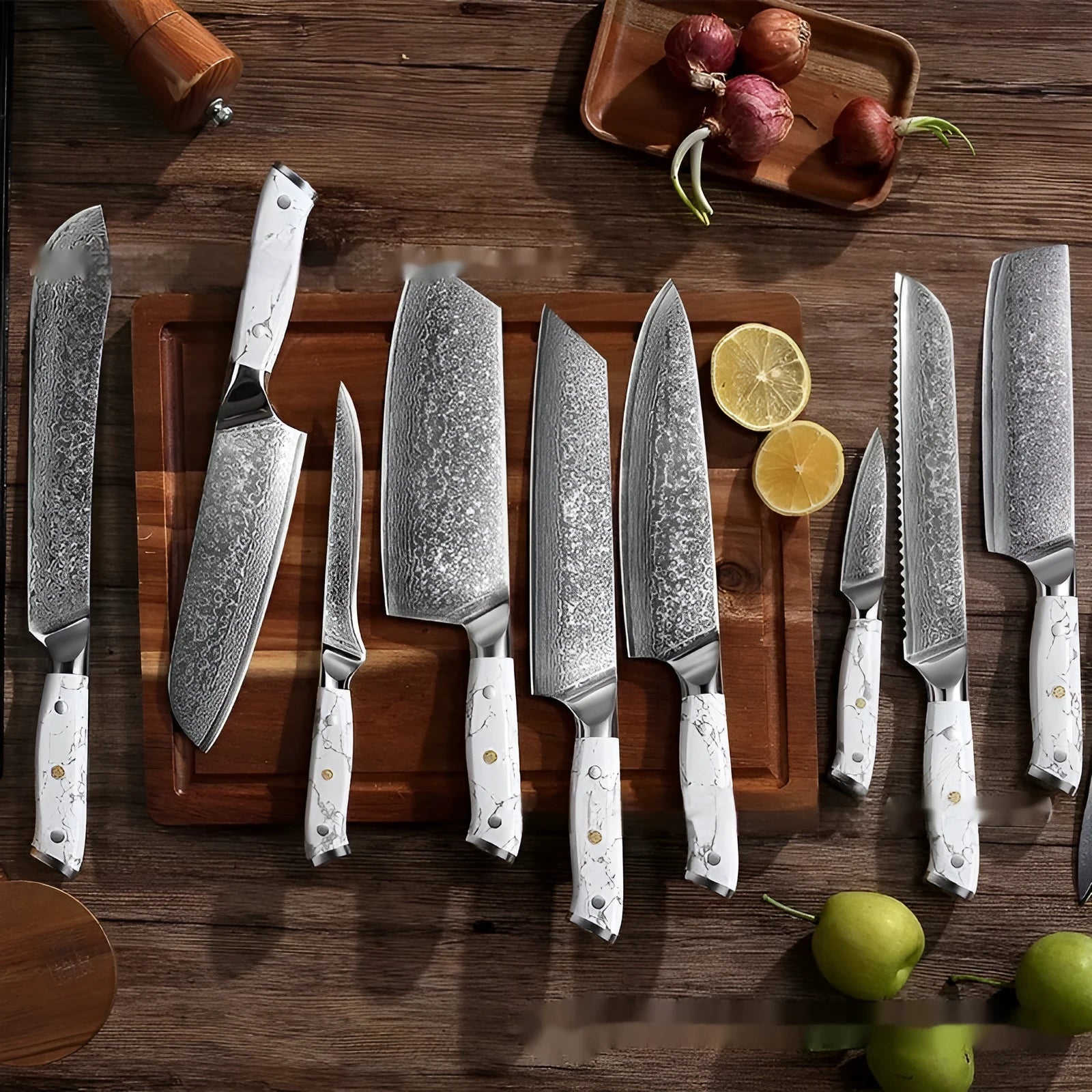 Damascus pattern combined chef's knife with VG10 steel blade, 21cm blade length
