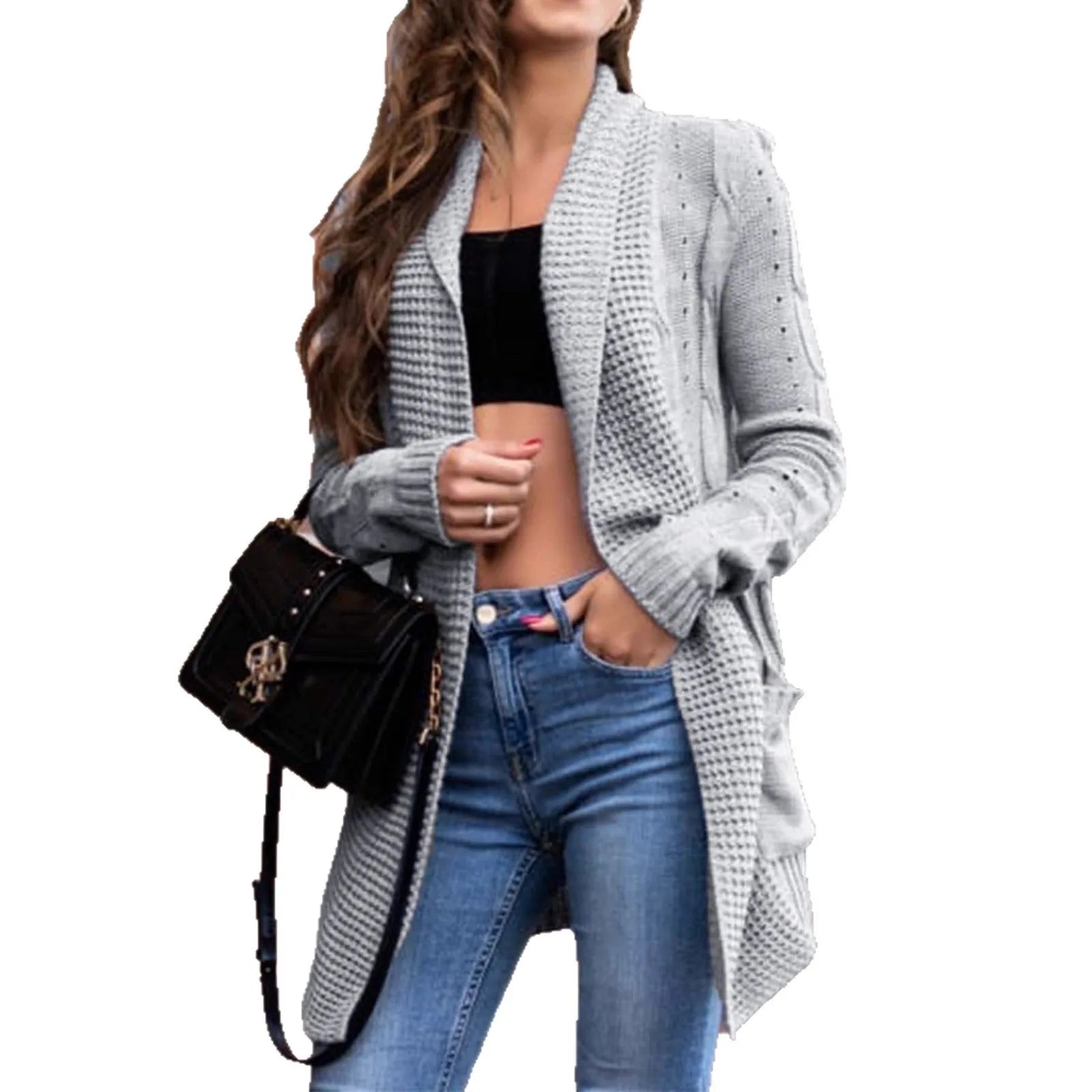 Grey loose fit women's cardigan coat with pockets, made from viscose fibre.
