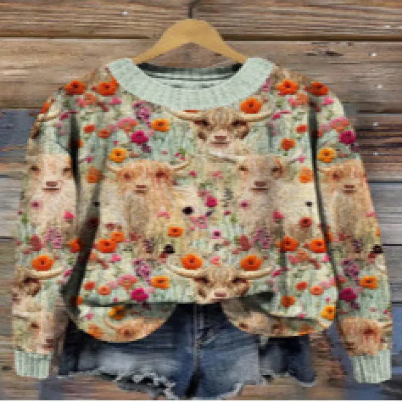 Women's floral printed round neck sweater in polyester available in multiple colours and sizes