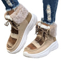 Women's beige suede lace-up snow boots with a thick rubber sole and plush lining on a white background.