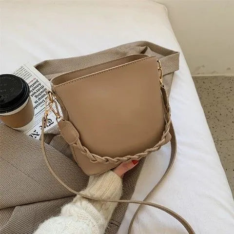 Retro woven PU crossbody bucket bag in khaki colour with adjustable shoulder strap