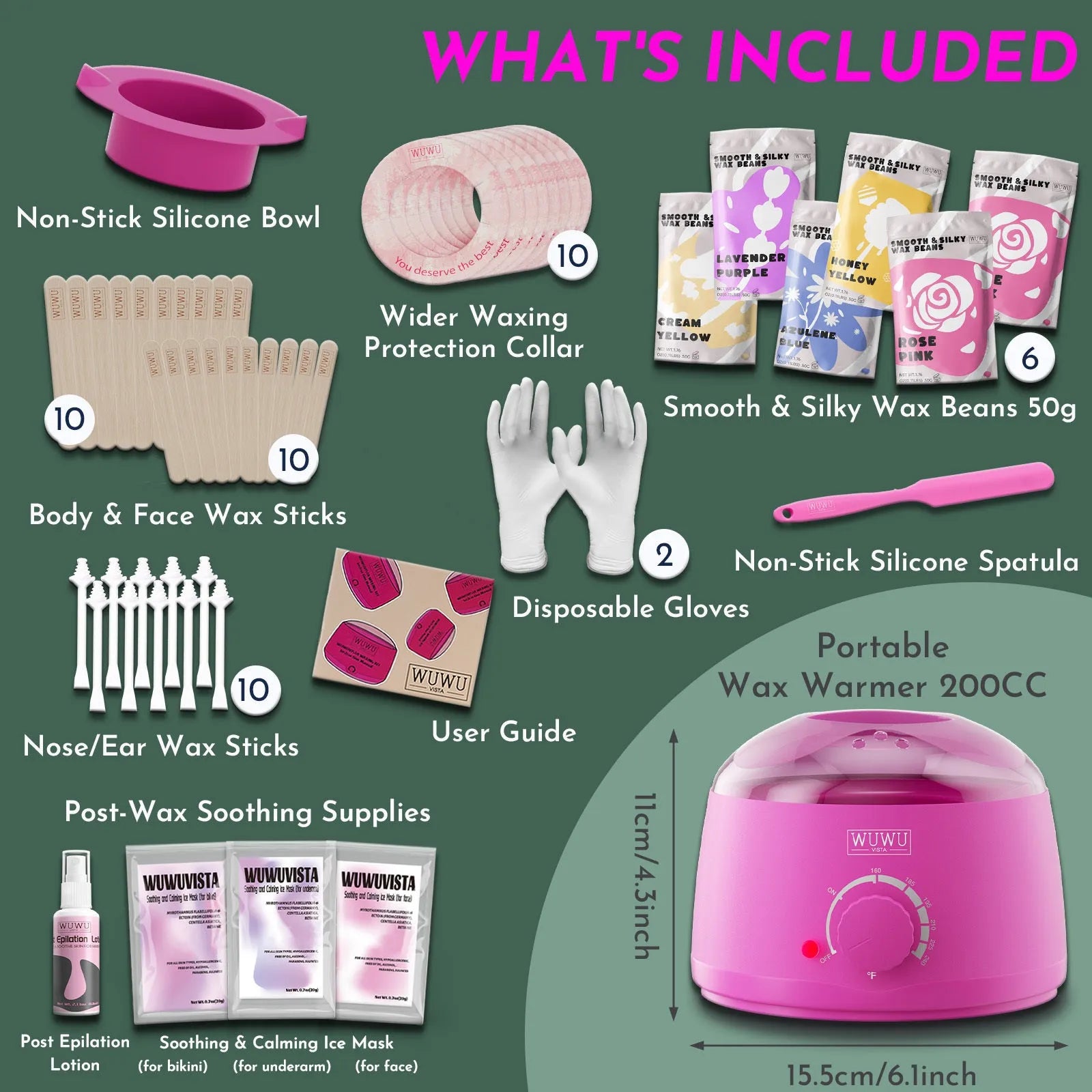 WUWUVISTA 56 piece professional waxing kit with black wax warmer, wax beads, applicators, and aftercare products