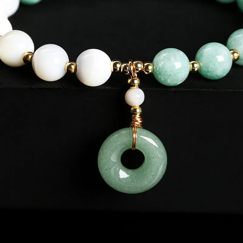 Natural horseshoe screw Burma jade safety buckle bracelet with 8mm blue beads and copper setting for women