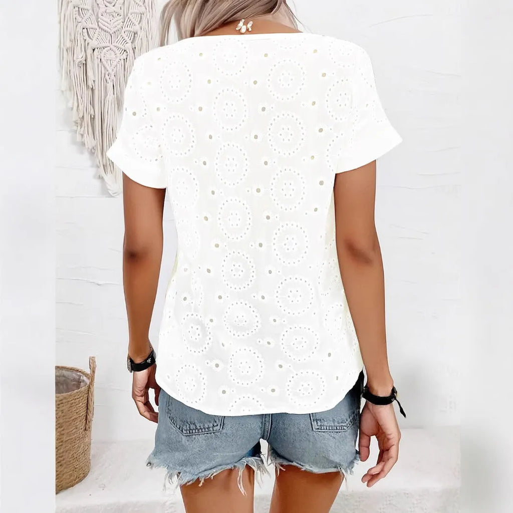 Women's white V-neck hollow-out T-shirt with short sleeves and loose fit
