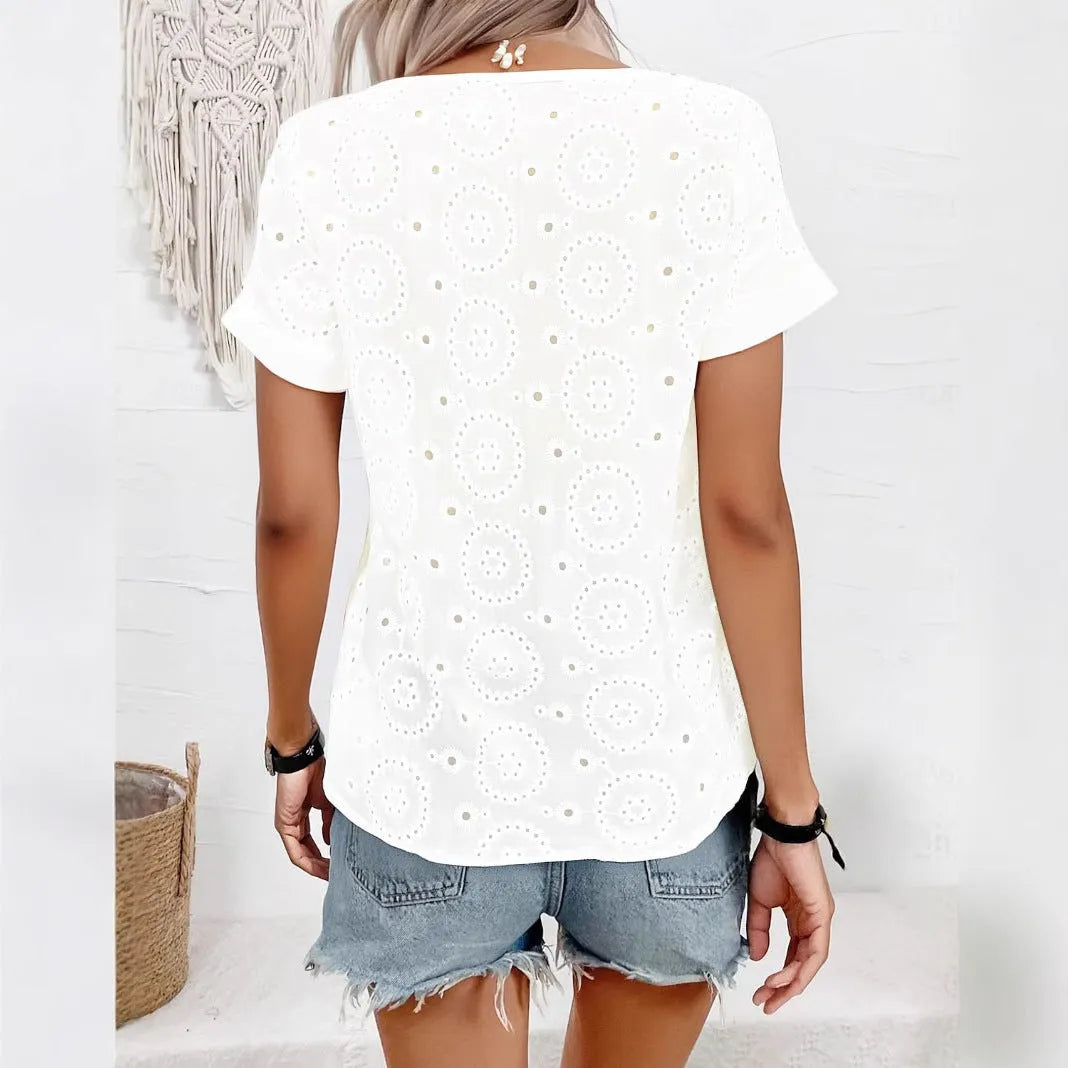 Women's white V-neck hollow-out T-shirt with short sleeves and loose fit