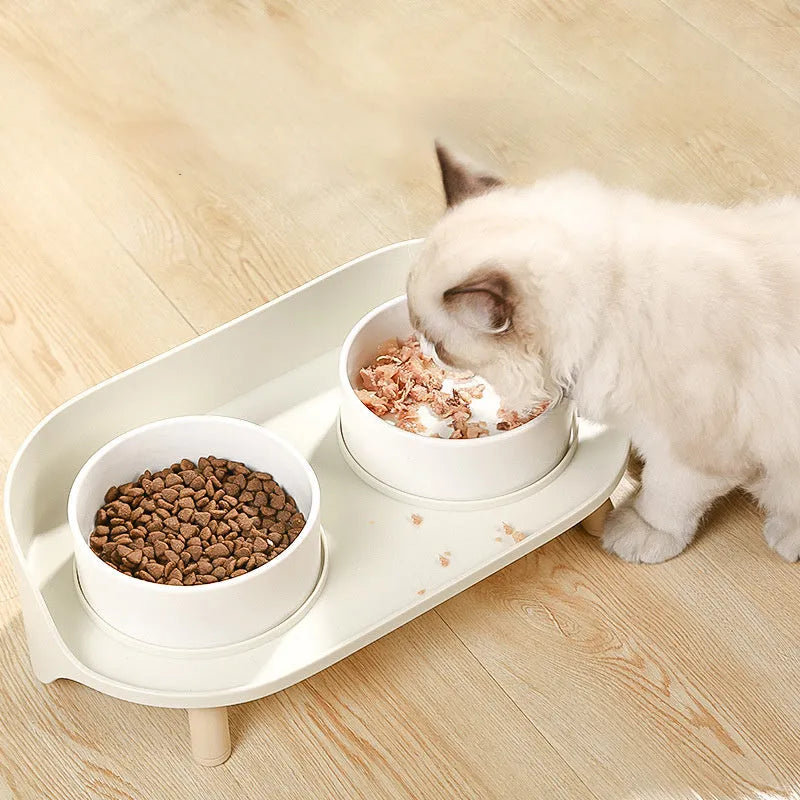Green tilted double pet bowl set with adjustable angle for cats and small dogs