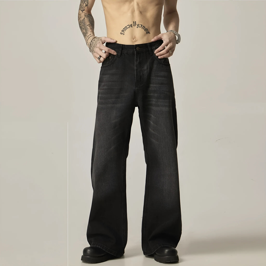 Men's black loose straight jeans with retro styling and zipper fly