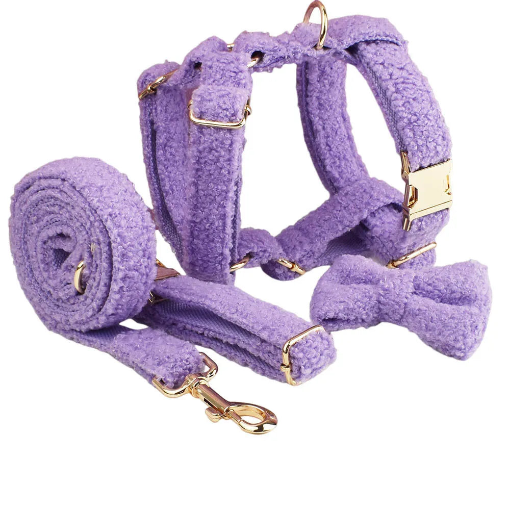 Purple cloth dog collar leash bow and vest set for small dogs in multiple sizes