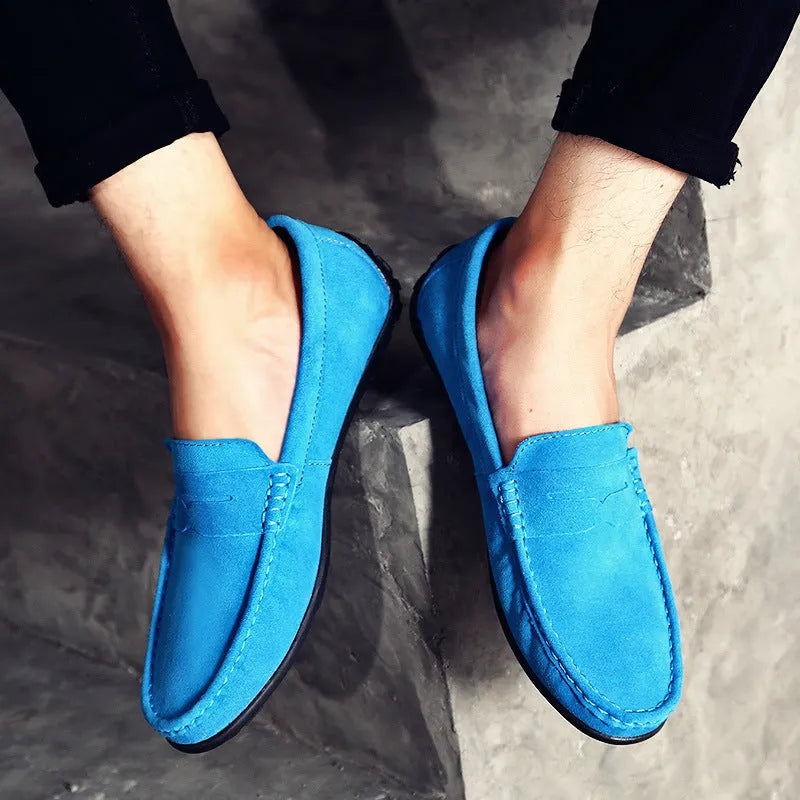 Men's brown suede leather casual loafers with rubber sole and round toe.
