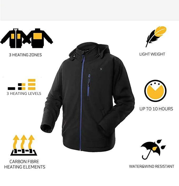 Black men's waterproof winter coat with USB heating technology and windproof polyester construction