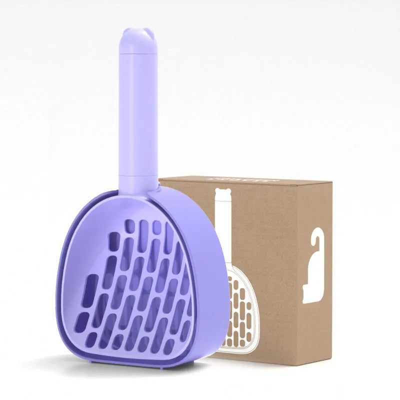 Plastic cat litter scoop with base in white model, showing hidden bag storage compartment and large scoop head with alternating apertures