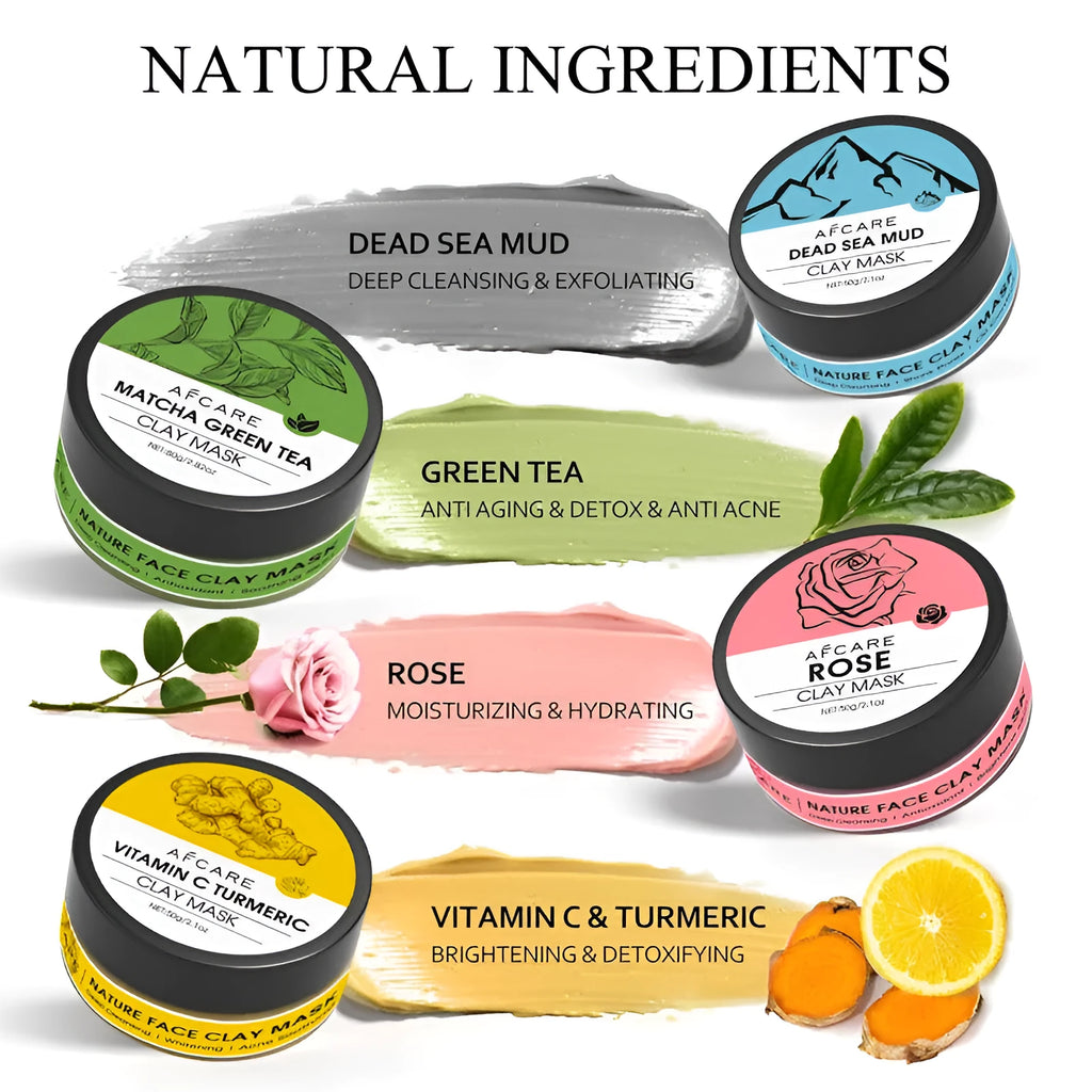 4 pack of clay face masks with Dead Sea mud, green tea, turmeric, and rose clay, each 80ml, on a white background